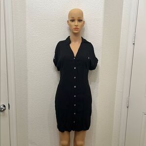 Guess Black Mini Dress Size XS Short Sleeve Button Front Collar  Summer Silky